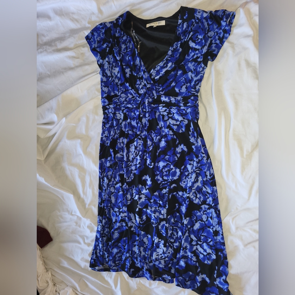 Evan Picone Blue and Black Floral Midi Dress